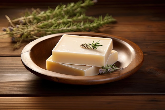 Wooden background with soap on a dish