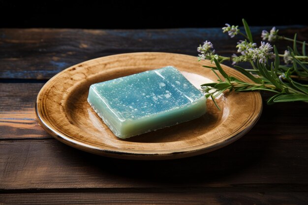 Photo wooden background with soap on a dish