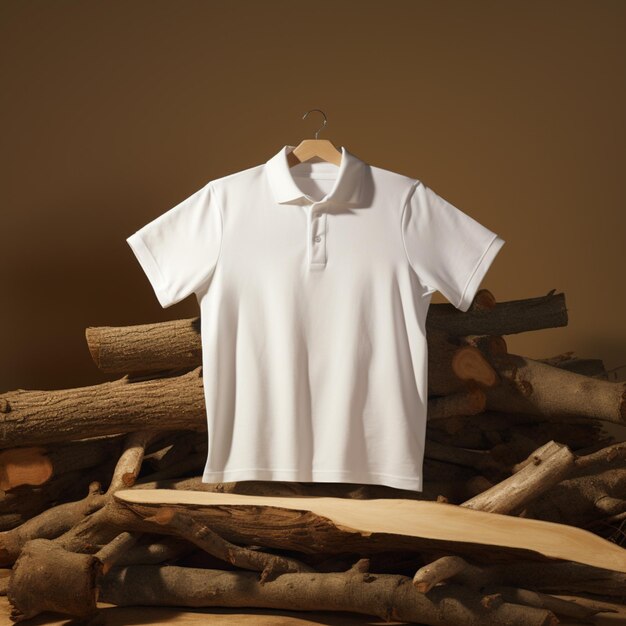 Wooden Background with White Polo Shirt Mockup