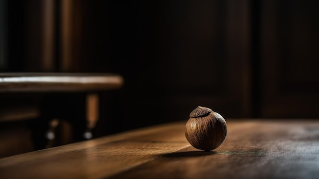 A wooden ball on a table in a dark room