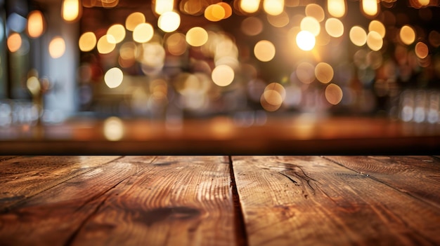 A wooden bar counter in a restaurant softly illuminated by bokeh lights in the background