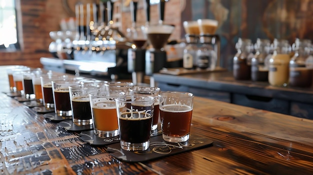 Деревянный барный счетчик с разнообразием пива в небольших бокалах