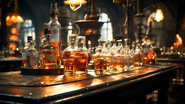 Wooden bar counter with whiskey bottles and beer glasses on it