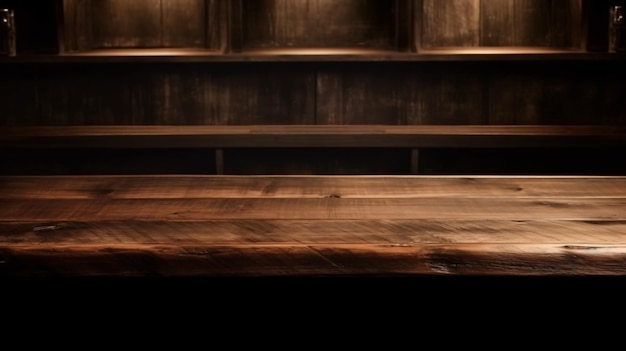 A wooden bar with a dark wood background