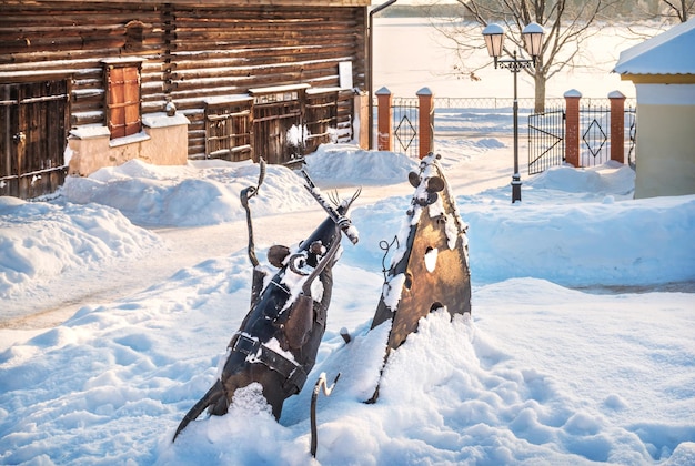 Wooden barn and sculpture Mouse of Freedom Nagornaya street Myshkin city Yaroslavl region