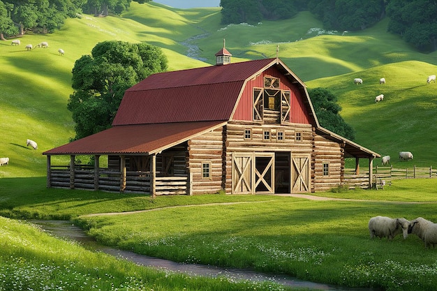 a wooden barn with a red roof and a red roof