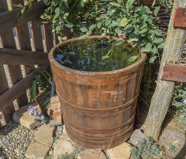 Wooden barrel filled with water Storage in open water outdoors container