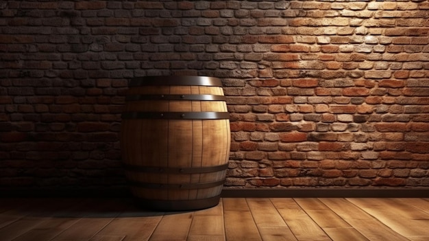 Wooden barrel in front of a brick wallgenerative ai