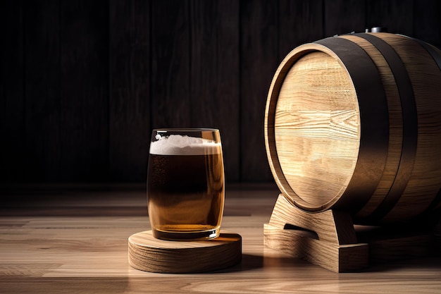 Photo wooden barrel and glass of beer on a table of wood ai generated