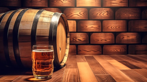 Wooden barrel and glass of beer on a table of wood Ai generated