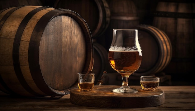 Wooden barrel holds dark whiskey in rustic pub cellar background generated by artificial intelligence