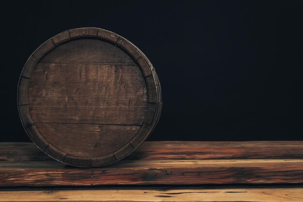 Wooden barrel on a old oak table Black background behind