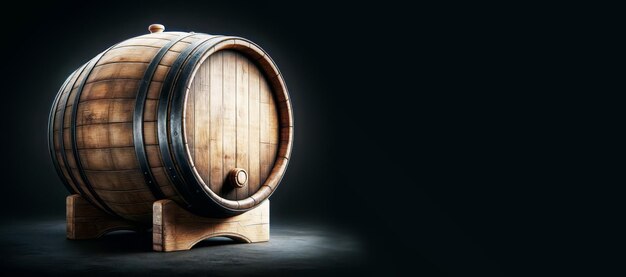 Photo a wooden barrel on stands with metal bands showcased in a sophisticated manner on a dark background symbolizing vintage storage generative ai