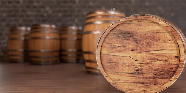 Wooden barrels in cellar backgound empty space on barrel for advertising Old Wooden barrels