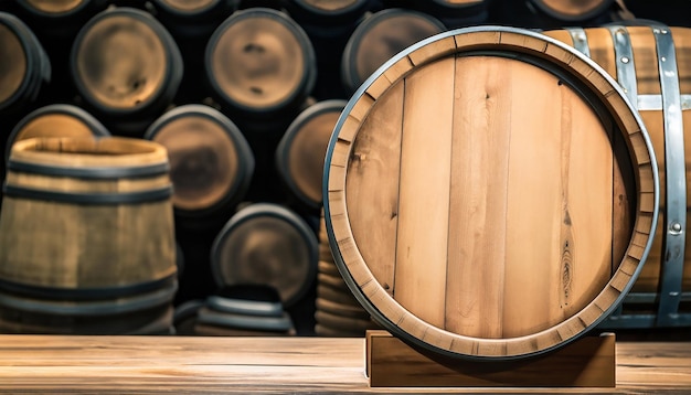 Wooden barrels in cellar backgound empty space on barrel for advertising old wooden barrels