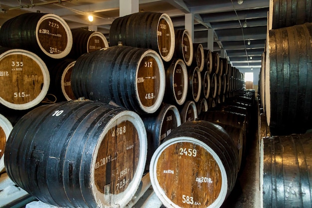 Wooden barrels at cognac factory