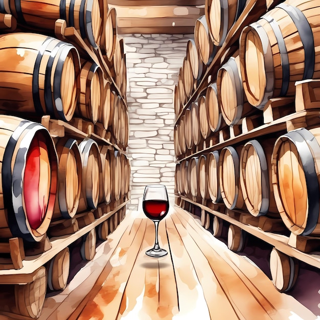 Wooden barrels on the shelf Watercolor hand painted illustration