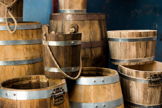 Wooden barrels in a stock in view