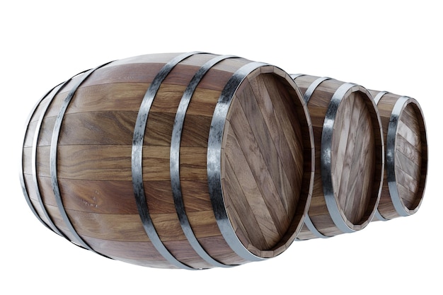 Wooden barrels for whiskey on a white background 3D rendering 3D illustration