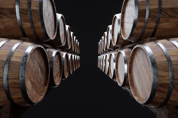 Botti di legno per vino su sfondo nero vinificazione il concetto di produzione di bevande alcoliche rendering 3d illustrazione 3d