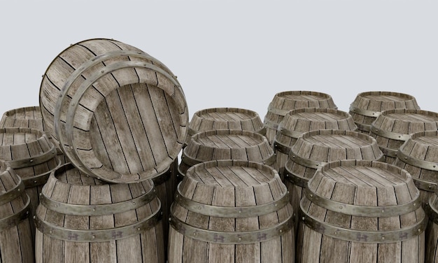 Wooden barrels for wine fermentation There is a metal band for squeezing the body on the floor and a white wallpaper 3D Rendering