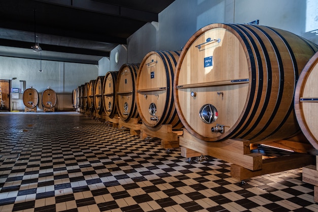 wooden barrels in a wine producing factory