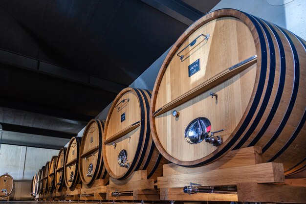 Photo wooden barrels in a wine producing factory