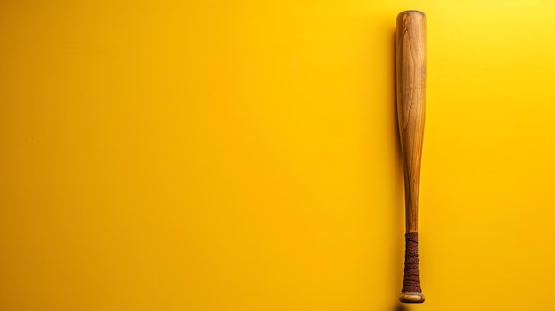 Photo a wooden baseball bat with a brown leather grip stands out against a bright yellow background