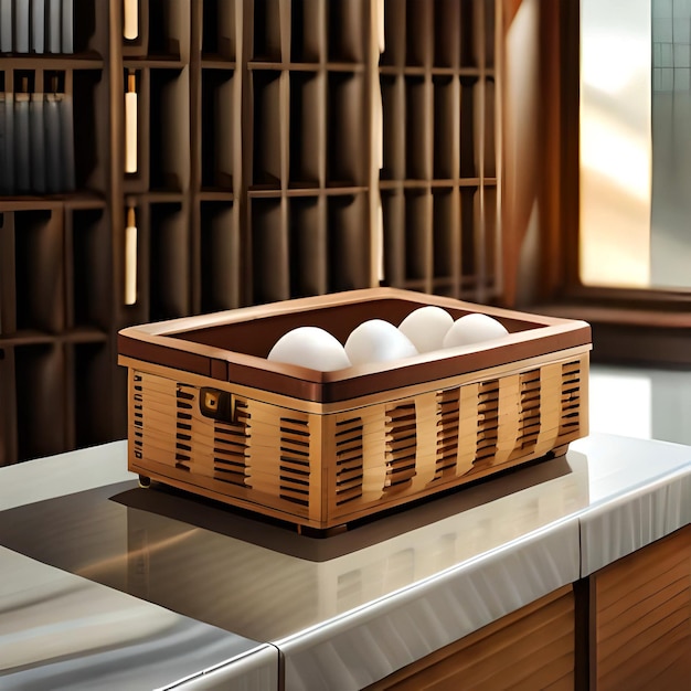 Wooden basket of egg on marble surface