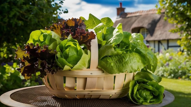 Wooden basket full of lettuce leaves