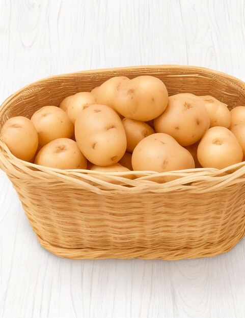 A wooden basket full of potatoes