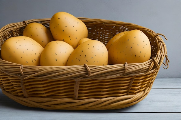 A wooden basket full of potatoes