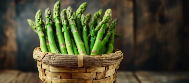 Wooden basket holding fresh green asparagus