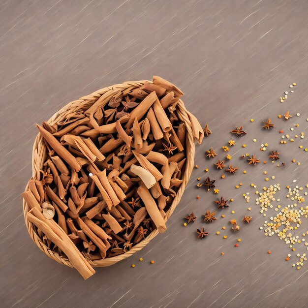 Wooden basket of spices packet on marble surface restaurant background