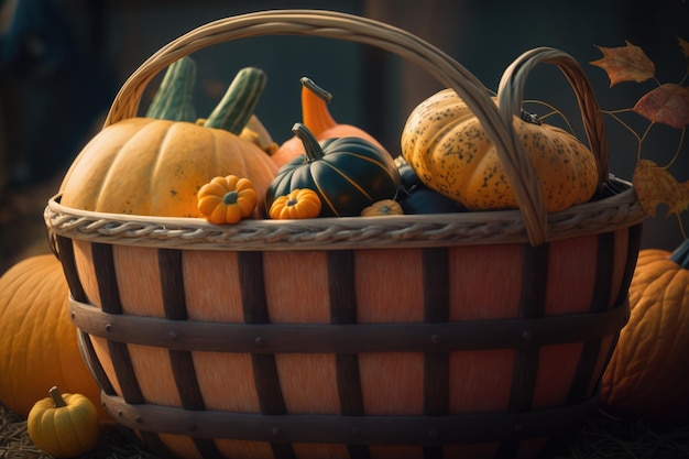 Wooden basket with colorful pumpkins and autumn leaves created using generative ai technology