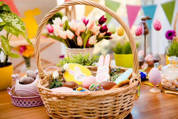 Wooden basket with easter decorations