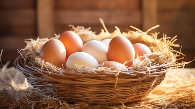 Wooden basket with organic fresh eggs in the chicken coop AI generated image