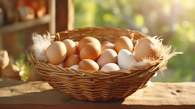 Wooden basket with organic fresh eggs in the chicken coop AI generated image
