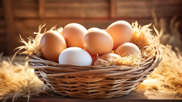 Wooden basket with organic fresh eggs in the chicken coop AI generated image