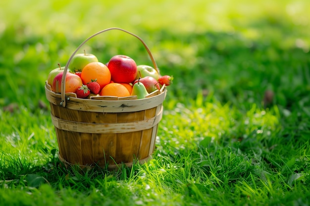 Wooden basket with various fruits on fresh green grass