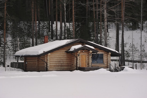 Wooden bathhouse in the winter forest