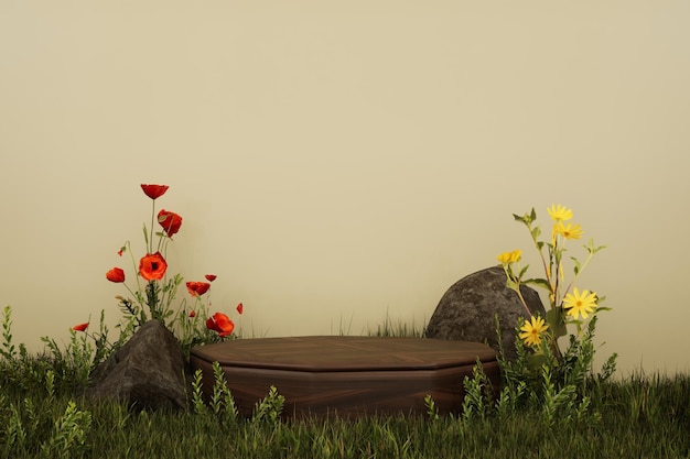 A wooden bathtub in a field of flowers and a yellow flower.