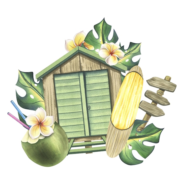 Деревянный пляжный домик с доской для серфинга, тропические листья монстеры, цветы франжипани, дорожный знак и коктейль в кокосе. Акварельная иллюстрация, нарисованная вручную. Изолированная композиция на белом фоне.