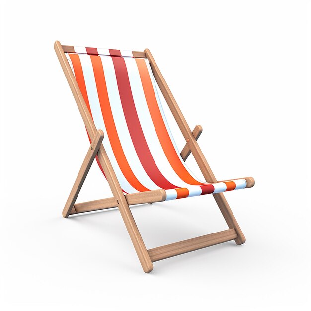 a wooden beach chair with a red and white striped beach towel.