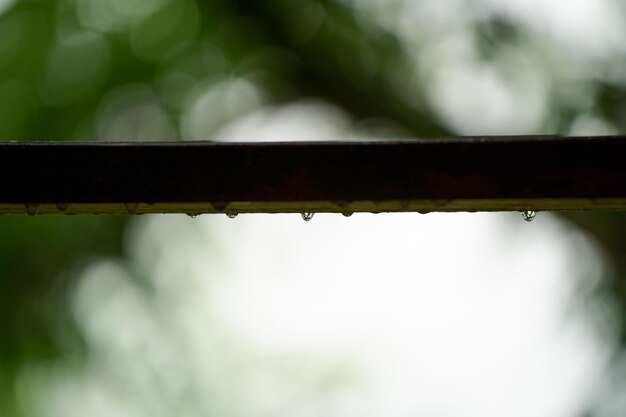 Foto travi di legno sul balcone con gocce di pioggia su di loro