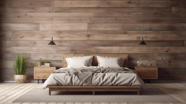 Photo wooden bed against of reclaimed barn wood paneling wall loft interior design of modern bedroom