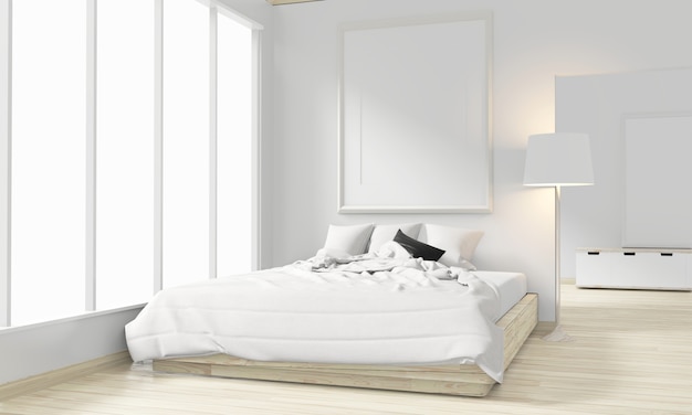 Foto letto in legno, struttura e decoro in stile giapponese nel design minimal della camera da letto zen. rendering 3d.