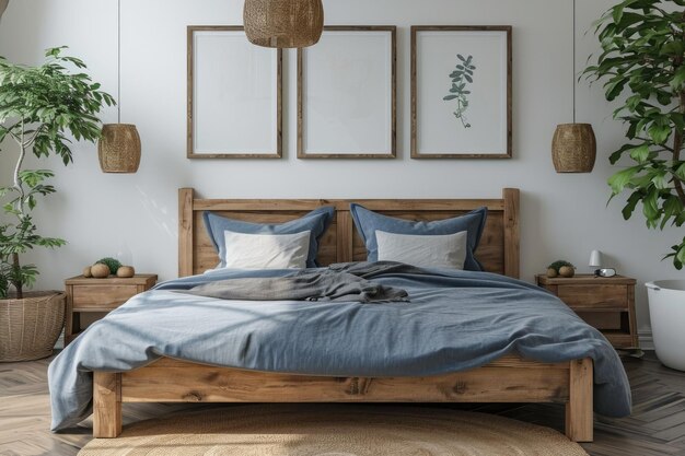 Wooden bed frame with blue pillows