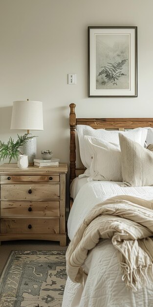 A wooden bed frame with a white duvet and a gray rug on the floor