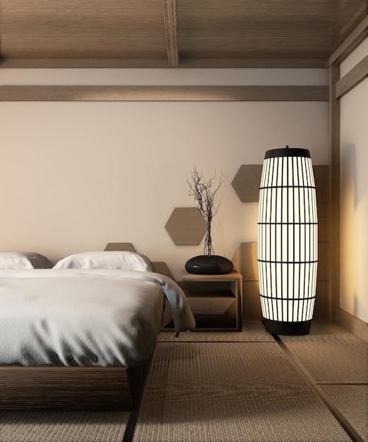 Photo wooden bed japanese style and zen lamp on tatami mat design hexagon wooden tiles wall, 3d rendering